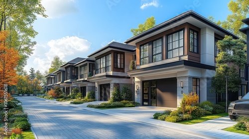 Detailed townhouses in a modern housing community, isolated on a white background.