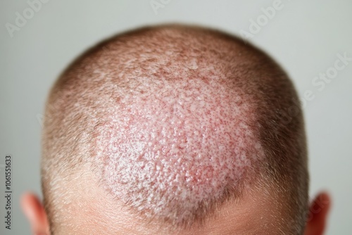 Initial stage of psoriasis on a man's head close-up. Dermatology. Remission stage. Red inflammations on the head photo