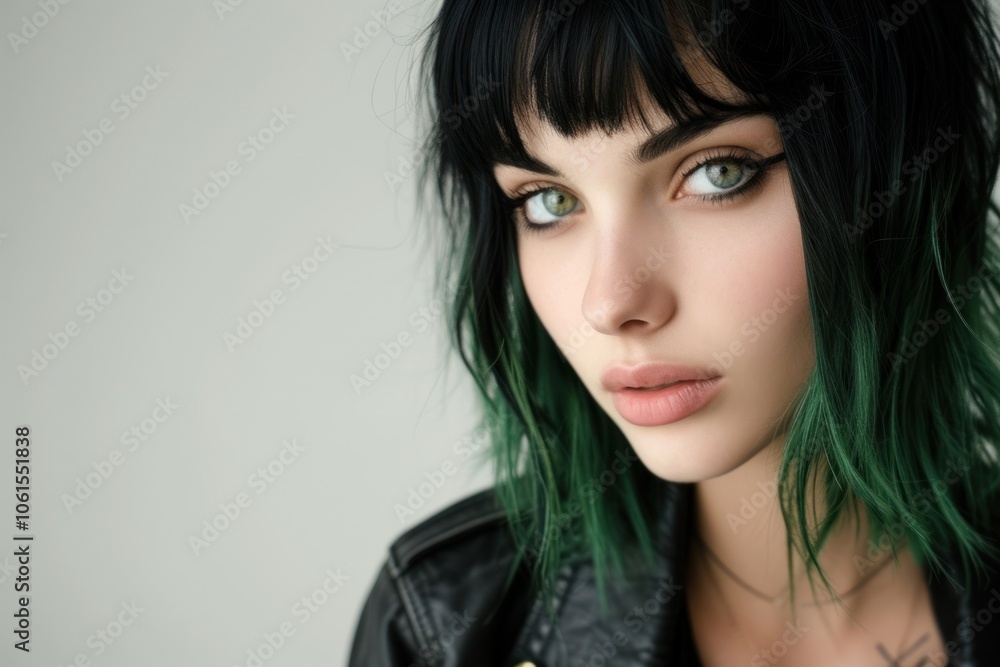 American young woman with vivid green black hair portrait photography fashion. American young woman with vivid green black hair portrait photography fashion.