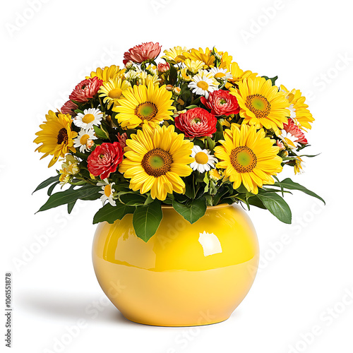 A clear glass vase filled with a bouquet of flowers, featuring a vibrant yellow exterior.