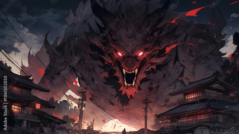Fototapeta premium Horrible demon with fangs and claws, colorful anime style