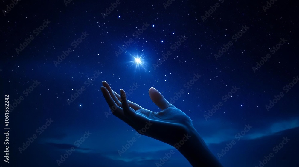 A hand reaching for a distant star in the night sky, capturing belief and hope for something greater A hand reaching for a distant star in the night sky, capturing belief and hope for something greater
