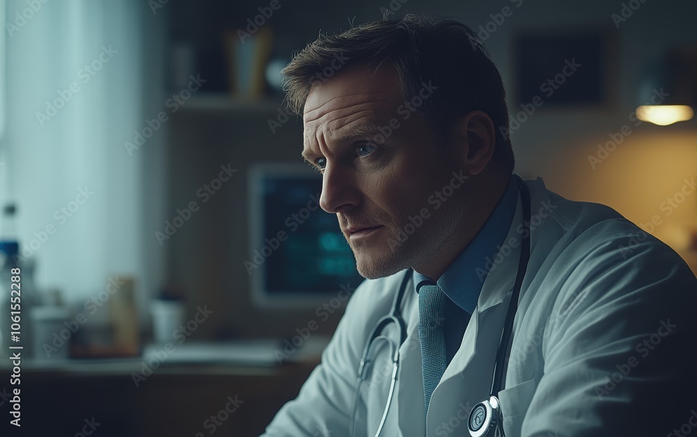A Doctor's Reflective Gaze: Contemplating the Day's Challenges in the Quiet of His Office. A Doctor's Reflective Gaze: Contemplating the Day's Challenges in the Quiet of His Office.
