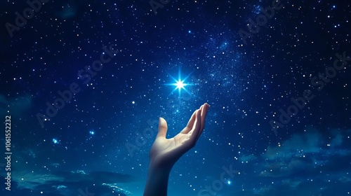 A hand reaching for a distant star in the night sky, capturing belief and hope for something greater