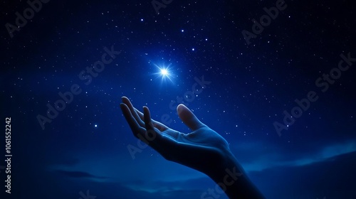 A hand reaching for a distant star in the night sky, capturing belief and hope for something greater