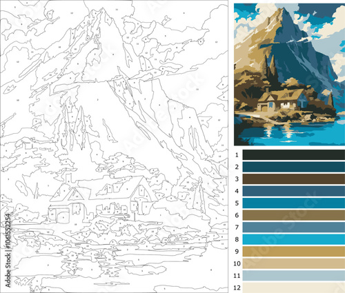 a house and mountain, coloring page by number for adult, beginner level