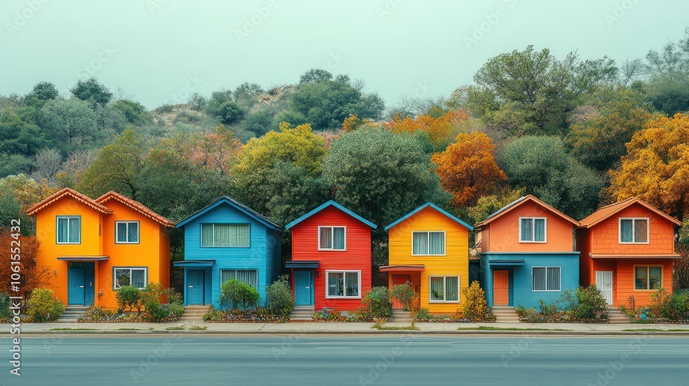Highly detailed modular housing units in a sustainable development, shown against a blank backdrop. Highly detailed modular housing units in a sustainable development, shown against a blank backdrop.