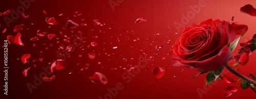 Romantic Valentine's Day scene featuring roses and flying petals on a red background