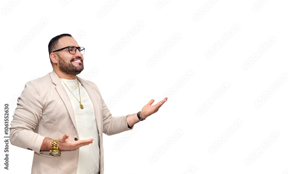 Latin man in smart suit looking at camera on white background and pointing towards copy space. Entrepreneurship, business and insurance. Latin man in smart suit looking at camera on white background and pointing towards copy space. Entrepreneurship, business and insurance.