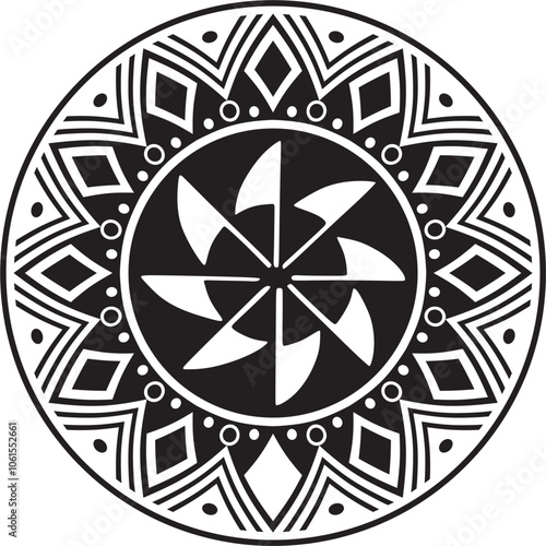Native American vector round monochrome pattern. Geometric shapes in a circle. National ornament of the peoples of America, Maya, Aztecs, Incas