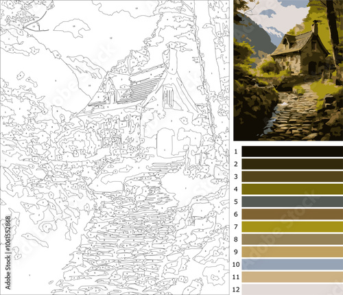 house and forest illustration, coloring page by number for adult, beginner level 