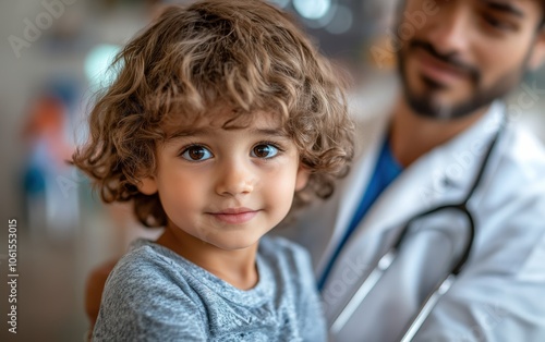 A young child looks directly at the camera during a checkup with their doctor. Trust, care, and health are evident.