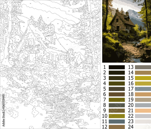 a house in forest, coloring page by number for adult, intermediate level