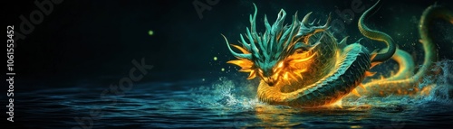 A mystical dragon emerges from the water, illuminated with vibrant colors. photo