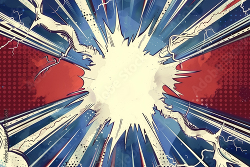 Superhero comic book frame background, center opening with halftone print texture transparent smooth blend effect, lightning struck, separate layers vector


