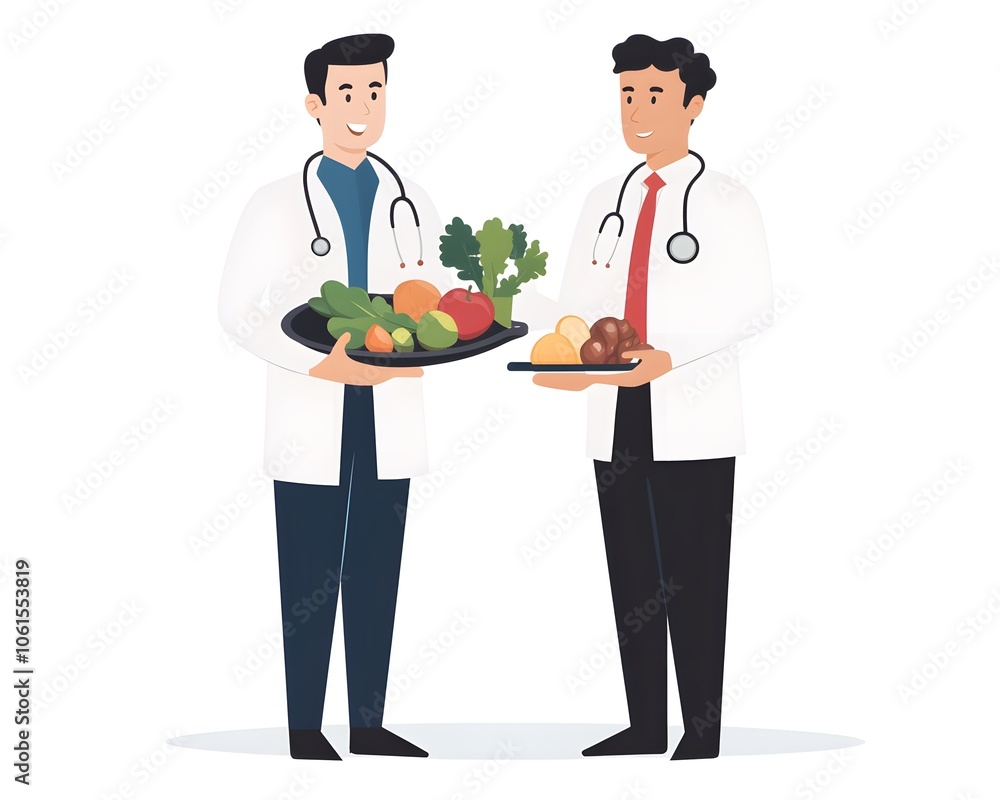 Two doctors promoting healthy eating with fresh fruits and vegetables on plates, emphasizing nutrition for well-being.