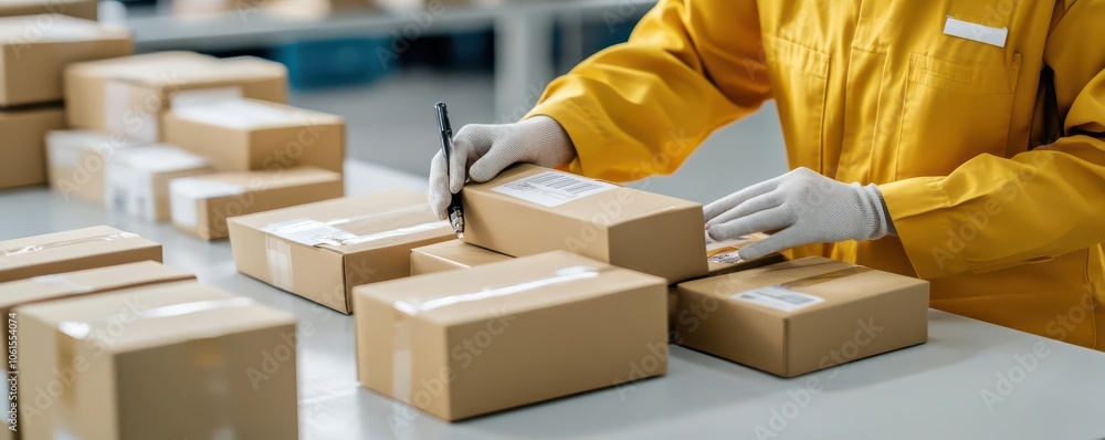 Worker labeling packages with precision, attention to detail, efficient logistics Worker labeling packages with precision, attention to detail, efficient logistics