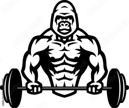 A bodybuilder with a gorilla head holding a barbell.