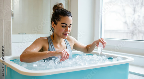 A young woman performs an ice bath recovery session in a modern bathroom for muscle relaxation during winter photo