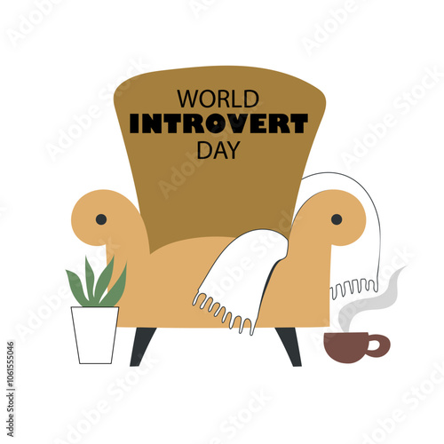 World introvert day banner with symbol of introvert. Cozy armchair, hot drink in cup