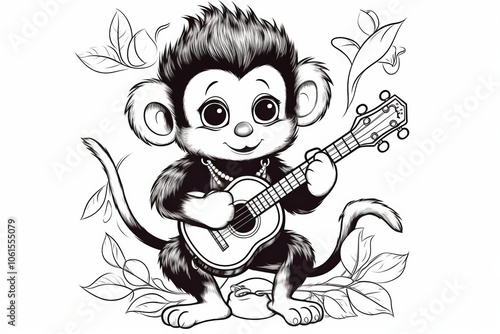 Adorable cartoon monkey playing a ukulele surrounded by leaves.