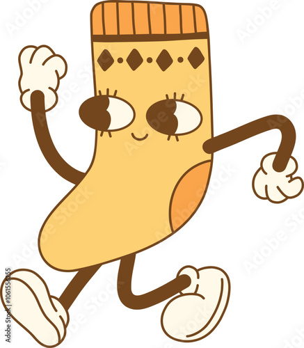 cheerful cartoon sock character running playfully with smile
