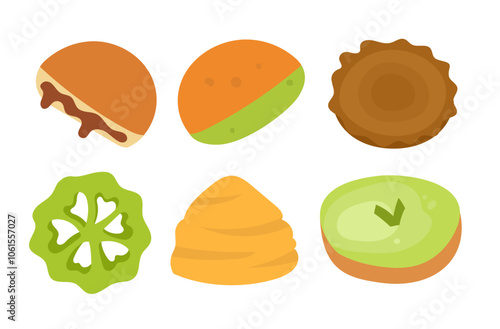 Indonesian traditional snack food icon set, flat vector illustration, pia bakpia pukis cucur kucur kembang goyang sus lumpur apem, list of classic local snacks from indonesia

