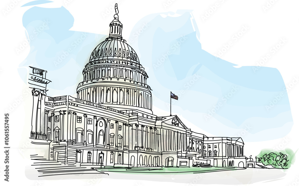 The United States Capitol building with American flag, Washington DC, USA. - vector illustration