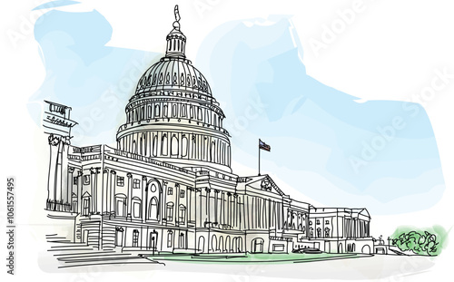 Obraz na płótnie The United States Capitol building with American flag, Washington DC, USA. - vector illustration w salonie