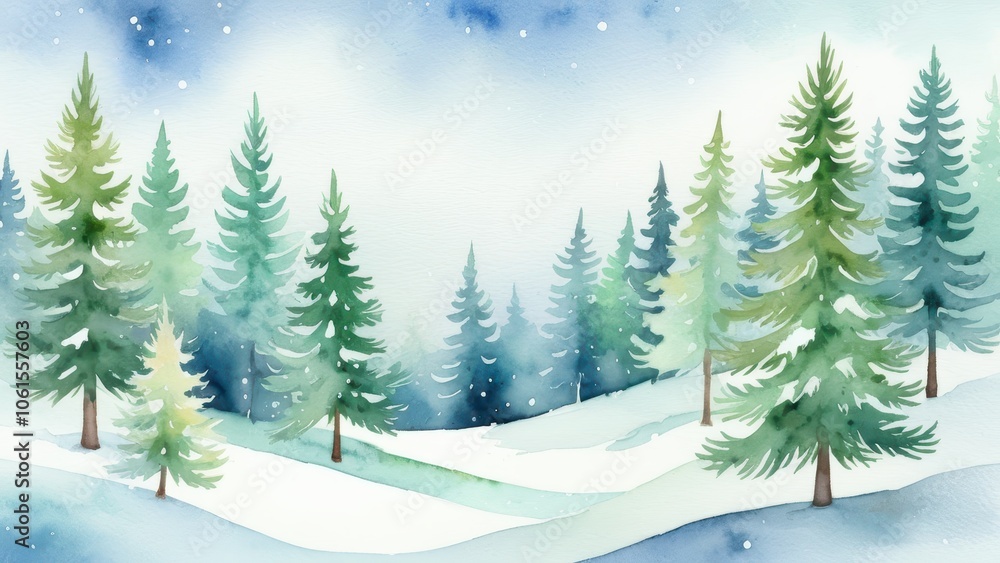 Obraz premium Christmas background with a peaceful watercolor winter forest, snow-covered pine trees, soft shades of green and blue, gentle snowfall, serene and calming holiday atmosphere