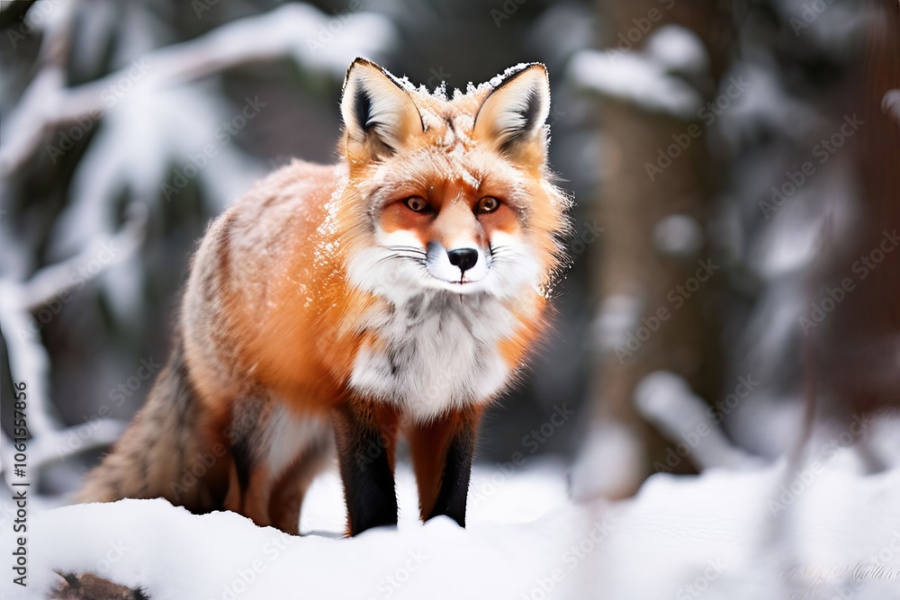 fox in snow a red fox standing alert in a snowy forest its fur c