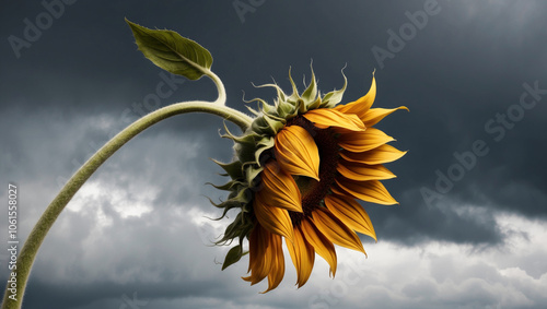 Withering Sunflower Under a Gloomy Sky captures the contrast between the drooping flower and the dark clouds above, emphasizing the theme of hope lost.