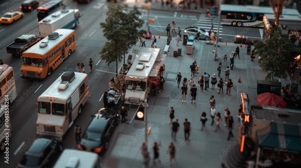 Obraz premium A bustling city street viewed from above, showcasing the dynamic movement of people and vehicles, capturing urban life's vibrancy.