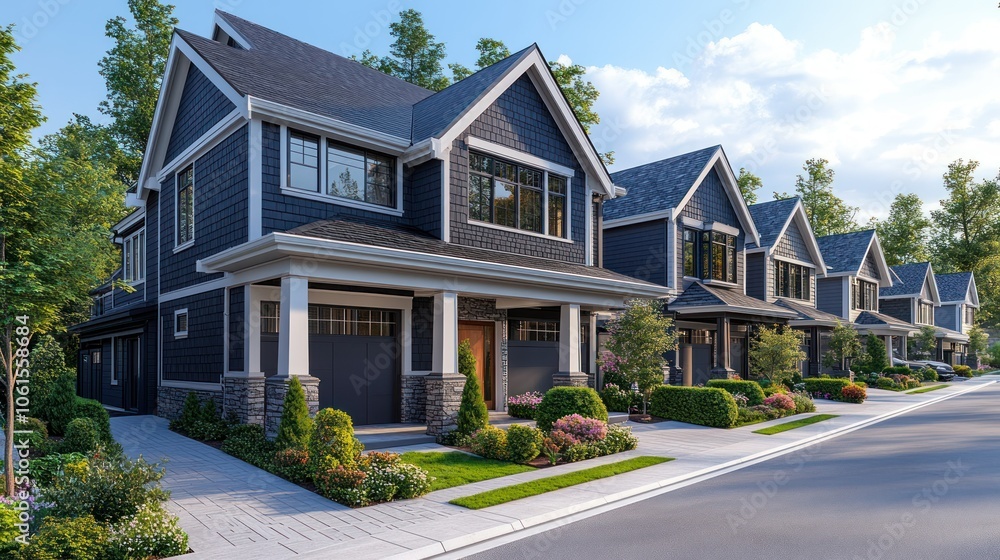 Highly detailed suburban homes with two-car garages, large front porches, and a white background. Highly detailed suburban homes with two-car garages, large front porches, and a white background.