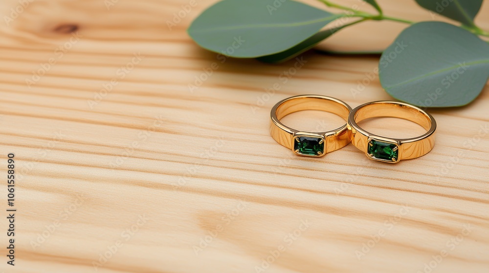 Modern Emerald Hoop Earrings on Wooden Surface Modern Emerald Hoop Earrings on Wooden Surface