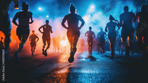 Wallpaper Mural Dynamic scene of runners in motion during night event, illuminated by colorful lights Torontodigital.ca