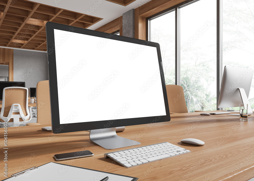 Blank desktop computer display mockup in modern office environment. 3D Rendering Blank desktop computer display mockup in modern office environment. 3D Rendering