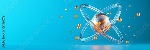 Atomic model with particles on blue background, 3D rendering, digital illustration photo