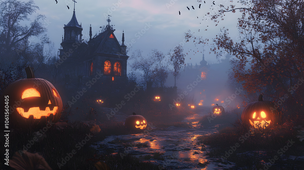 A spooky scene with glowing pumpkins at dusk. A spooky scene with glowing pumpkins at dusk.