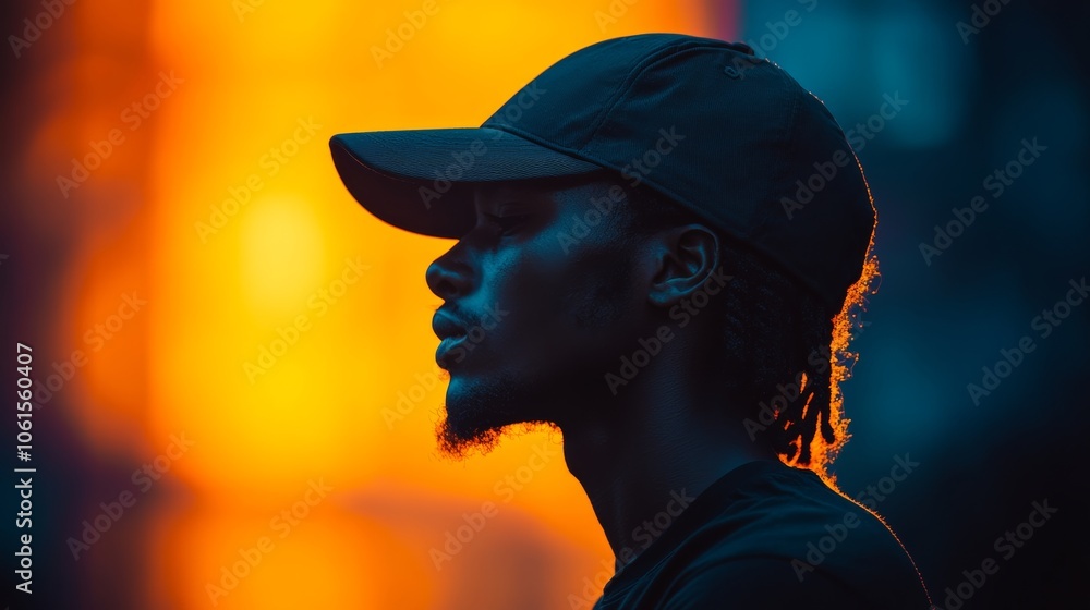 Man wearing a black hat and a black shirt is standing in front of a yellow background. man's face is partially obscured by hat, and he is looking away from the camera. image has a somewhat mysterious Man wearing a black hat and a black shirt is standing in front of a yellow background. man's face is partially obscured by hat, and he is looking away from the camera. image has a somewhat mysterious