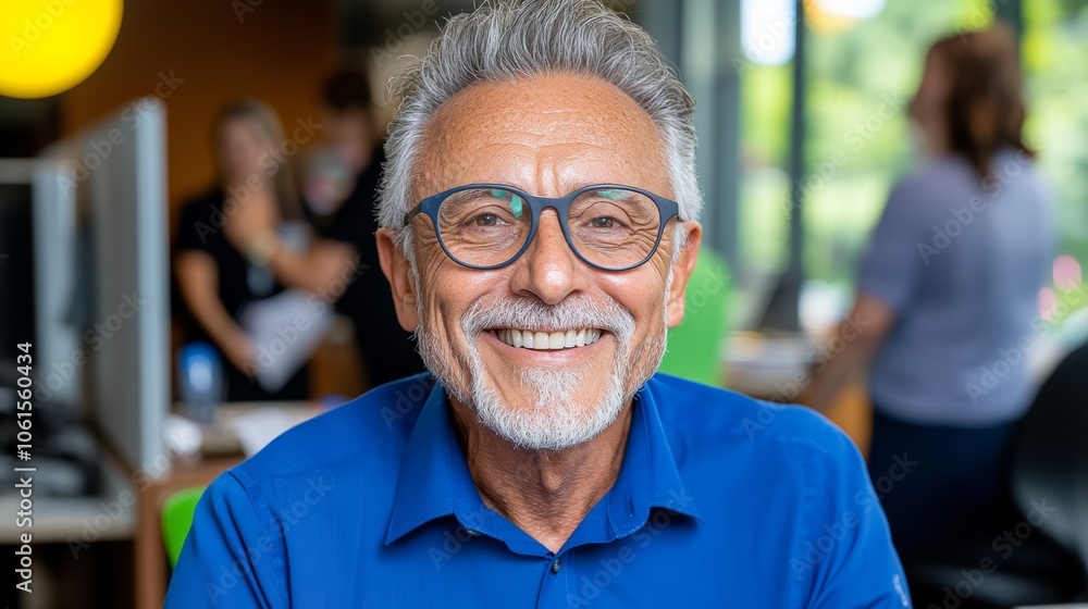Man with glasses is smiling and wearing a blue shirt. He is sitting in front of a desk with a computer and a chair Man with glasses is smiling and wearing a blue shirt. He is sitting in front of a desk with a computer and a chair