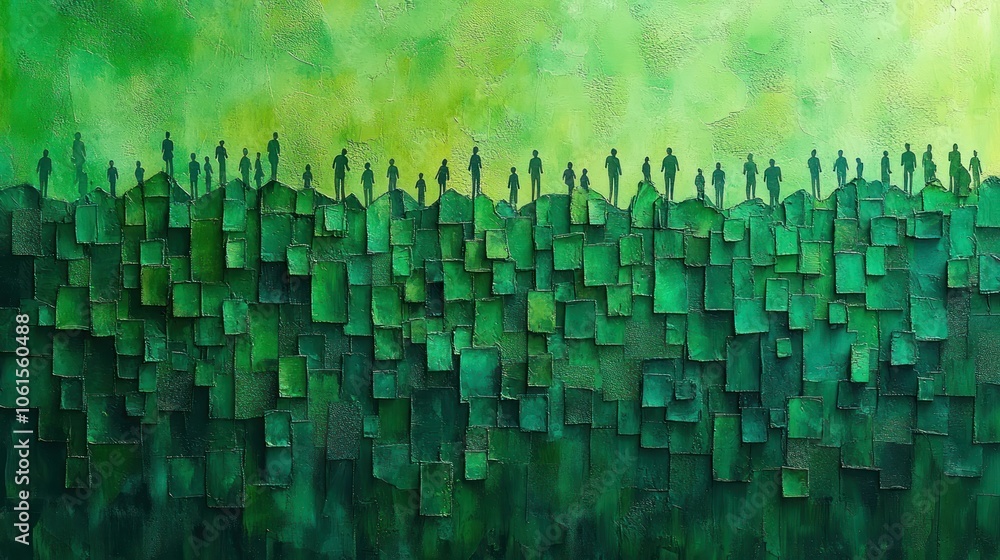 Obraz premium Minimalist outline of the Boston St. Patrick's Day Parade, with celebrants creating peaks of joy and textured valleys of green.