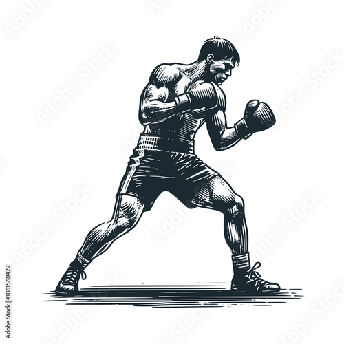 Boxer takes a horse stance. Black white vector illustration.