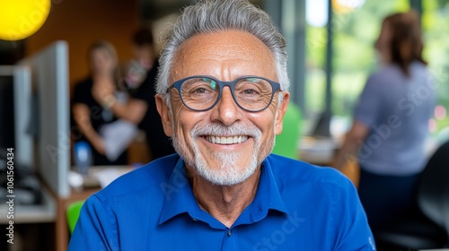 Man with glasses is smiling and wearing a blue shirt. He is sitting in front of a desk with a computer and a chair