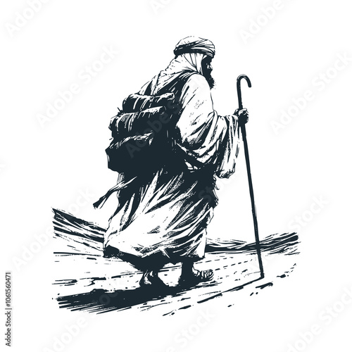 The bedouin arabic. Black white vector illustration.