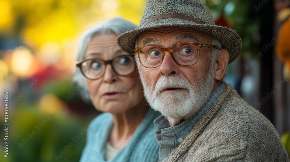 Man and woman are sitting on a bench, the man wearing a hat and glasses. The woman is looking at the man with a surprised expression on her face Man and woman are sitting on a bench, the man wearing a hat and glasses. The woman is looking at the man with a surprised expression on her face