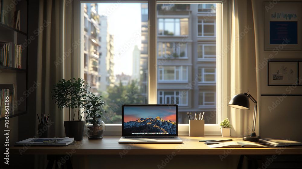 Fototapeta premium Minimalist home office setup with a laptop by a window in an urban apartment