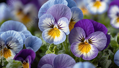 Viola tricolor, pansy - blue flowers close-up. Natural background.