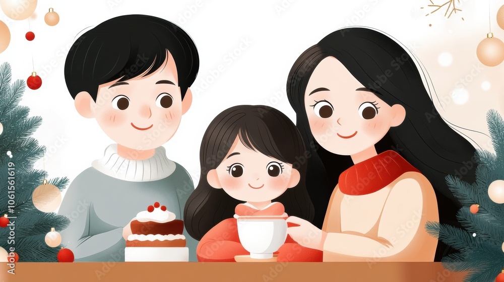 Family enjoying a cozy holiday moment with cake and hot cocoa, AI Family enjoying a cozy holiday moment with cake and hot cocoa, AI