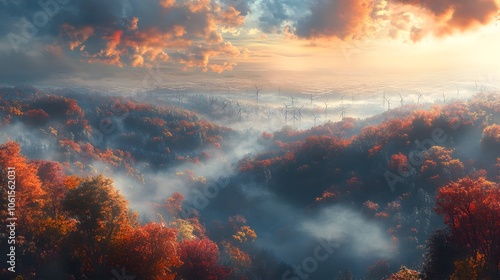 Lush Autumn Forest Landscape with Dramatic Cloudy Sky and Misty Mountain Scenery